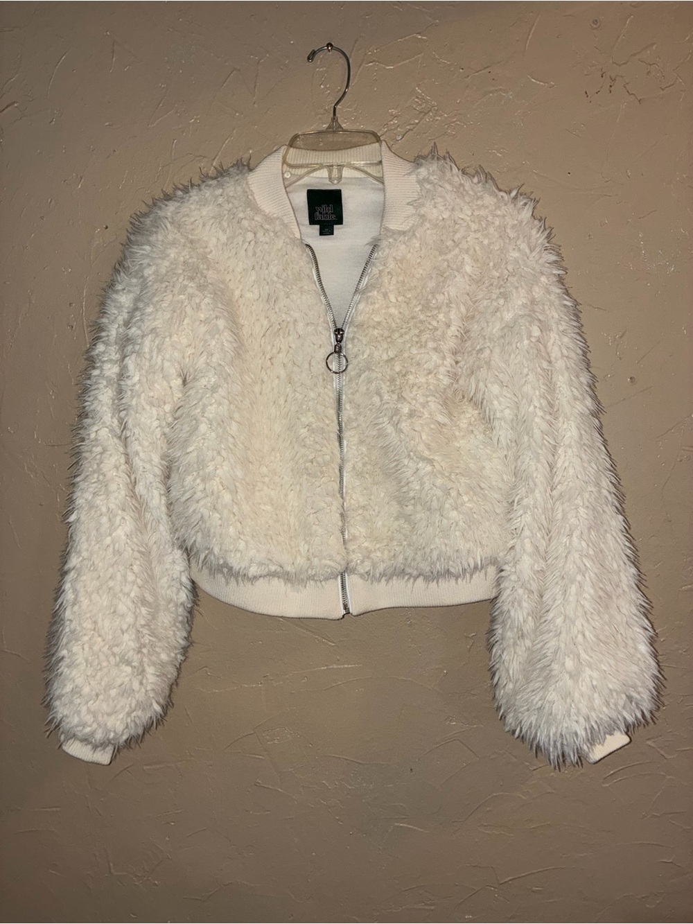 wild fable Off-White Plush Cropped Teddy Bomber Jacket